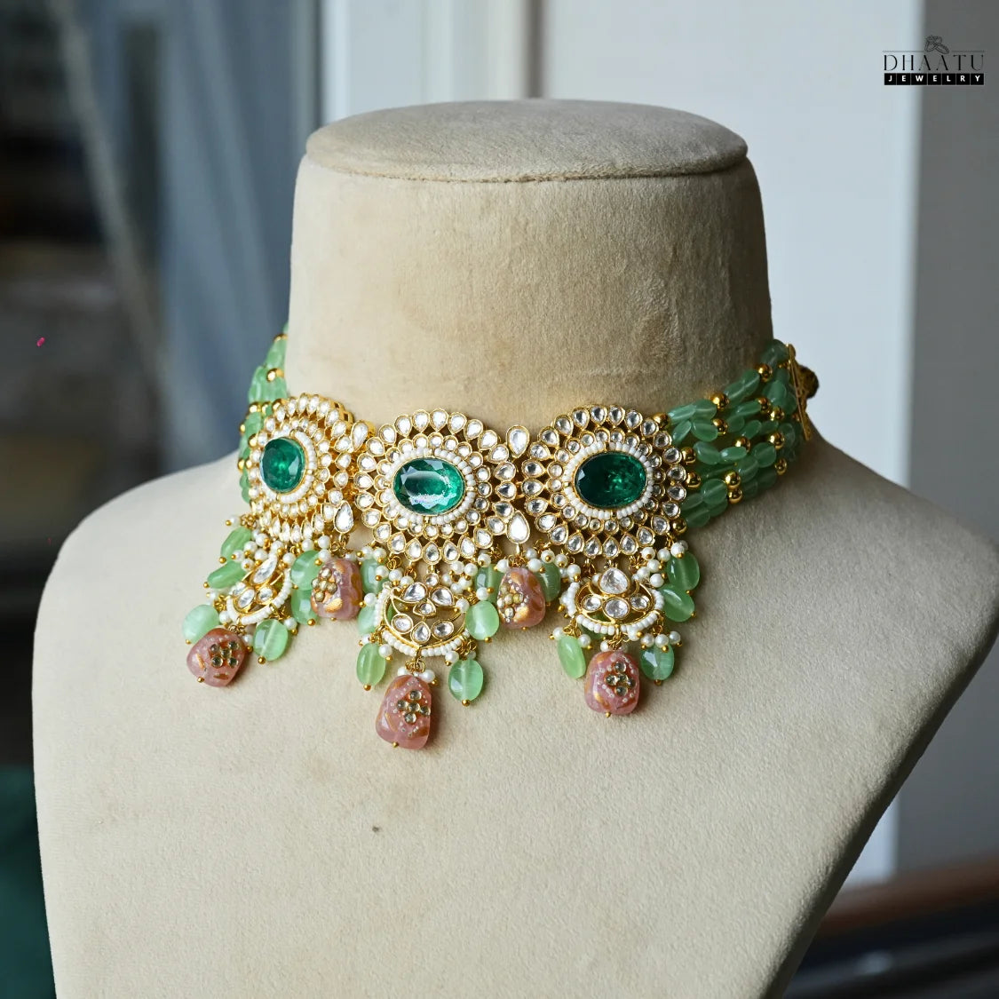Regal Polki Style Green & Pink Beaded Choker Necklace and Earring Set | Indian Wedding Jewelry