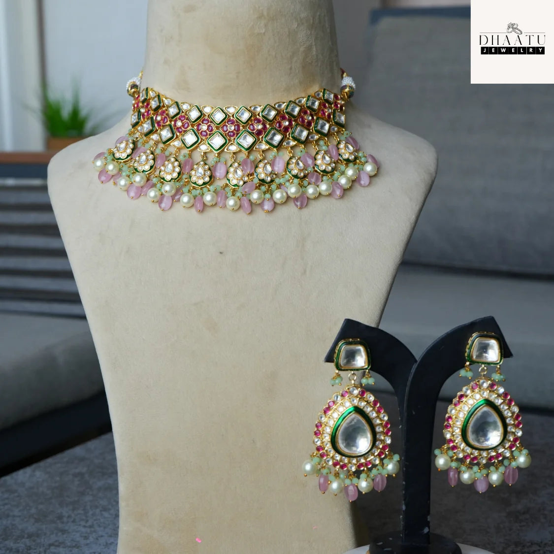 Vibrant Pink & Mint Green Meenakari Polki/Kundan Style Choker Necklace & Earrings Set