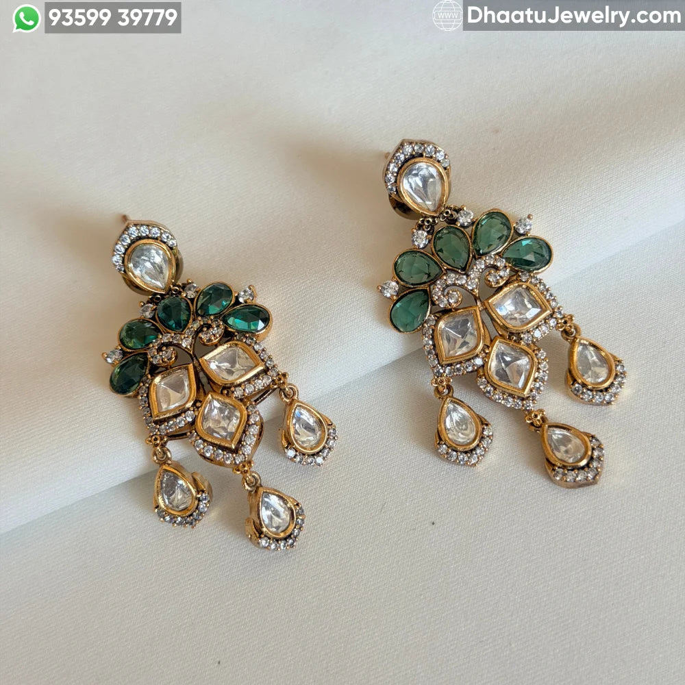 Emerald Green Moissanite & Real Polki Kundan Necklace Set with Drop Earrings in Gold-Plated Brass