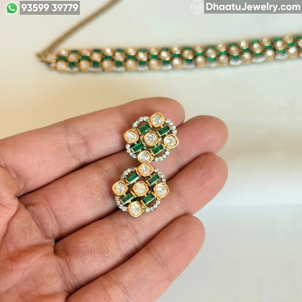 Handcrafted Real Polki and Moissanite Choker Set with Ruby & Emerald Baguettes – Adjustable Bridal Necklace and Stud Earrings Set