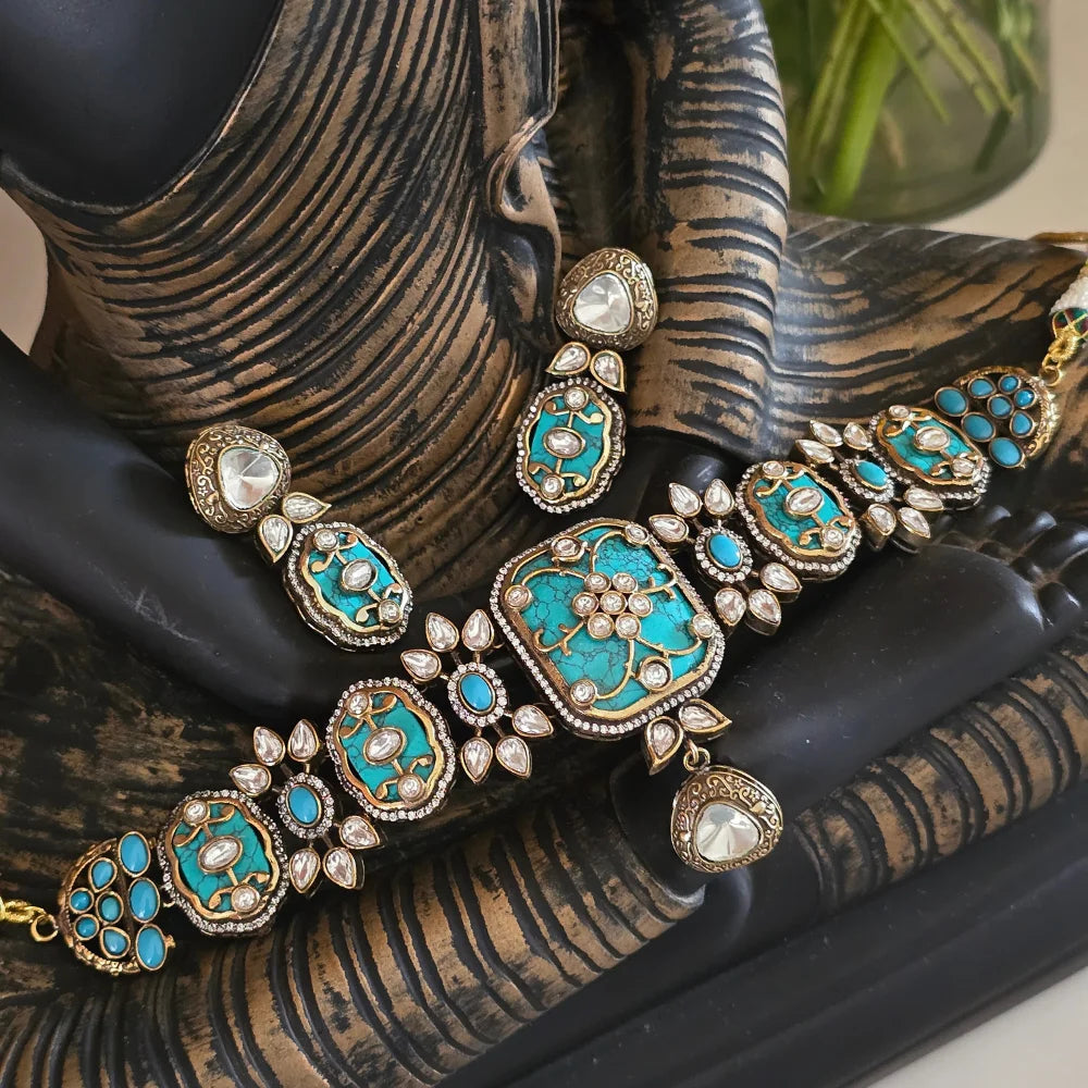 Exquisite Jadau Polki Style Choker Necklace & Earring Set - Traditional Indian Jewelry