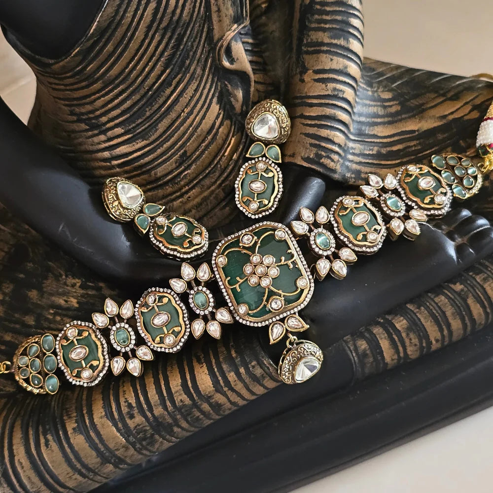 Exquisite Jadau Polki Style Choker Necklace & Earring Set - Traditional Indian Jewelry