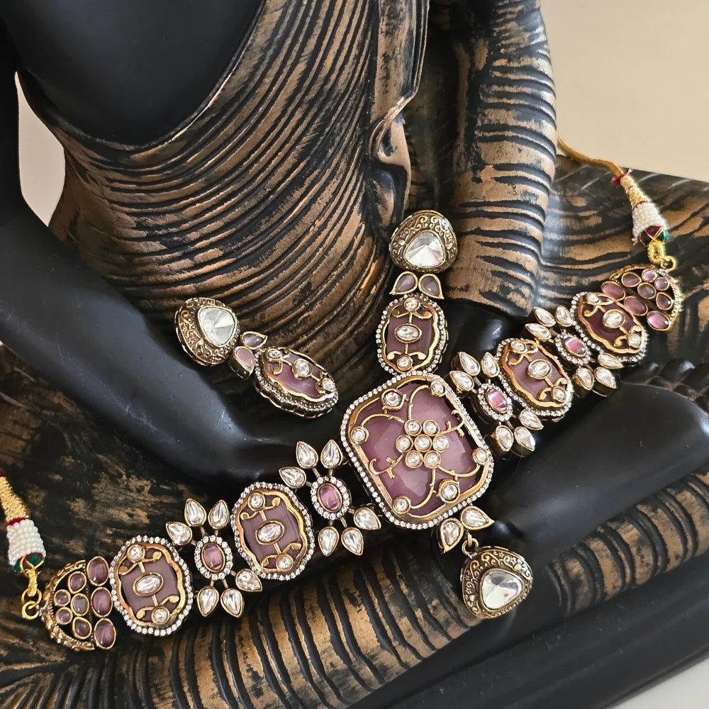 Exquisite Jadau Polki Style Choker Necklace & Earring Set - Traditional Indian Jewelry