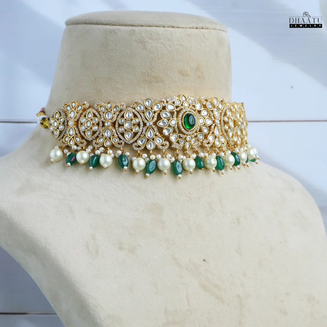 Premium Polki Style Kundan Emerald Pearl Choker Necklace & Earring Set