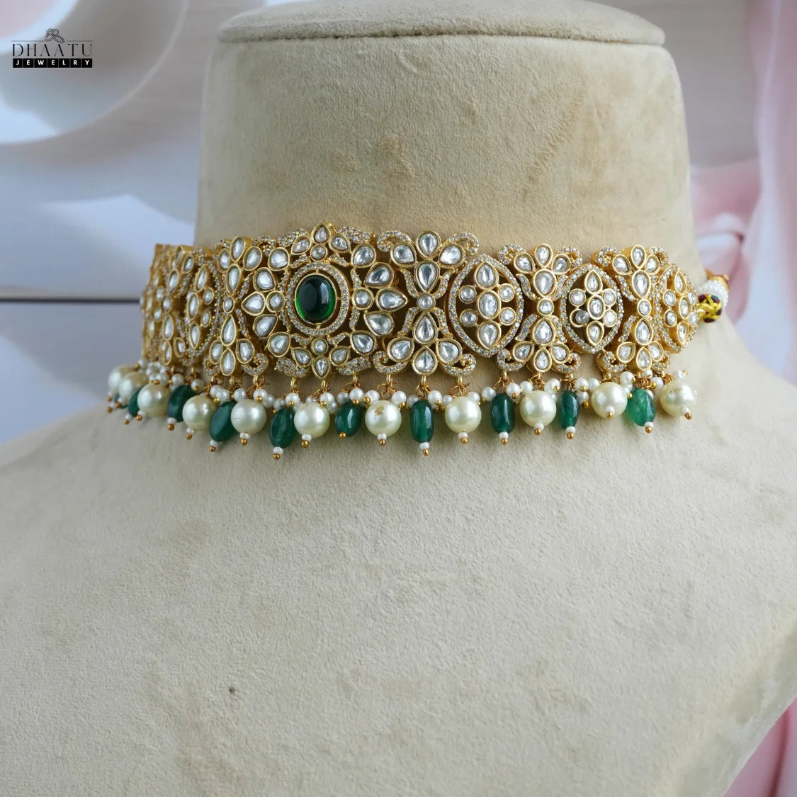 Premium Polki Style Kundan Emerald Pearl Choker Necklace & Earring Set