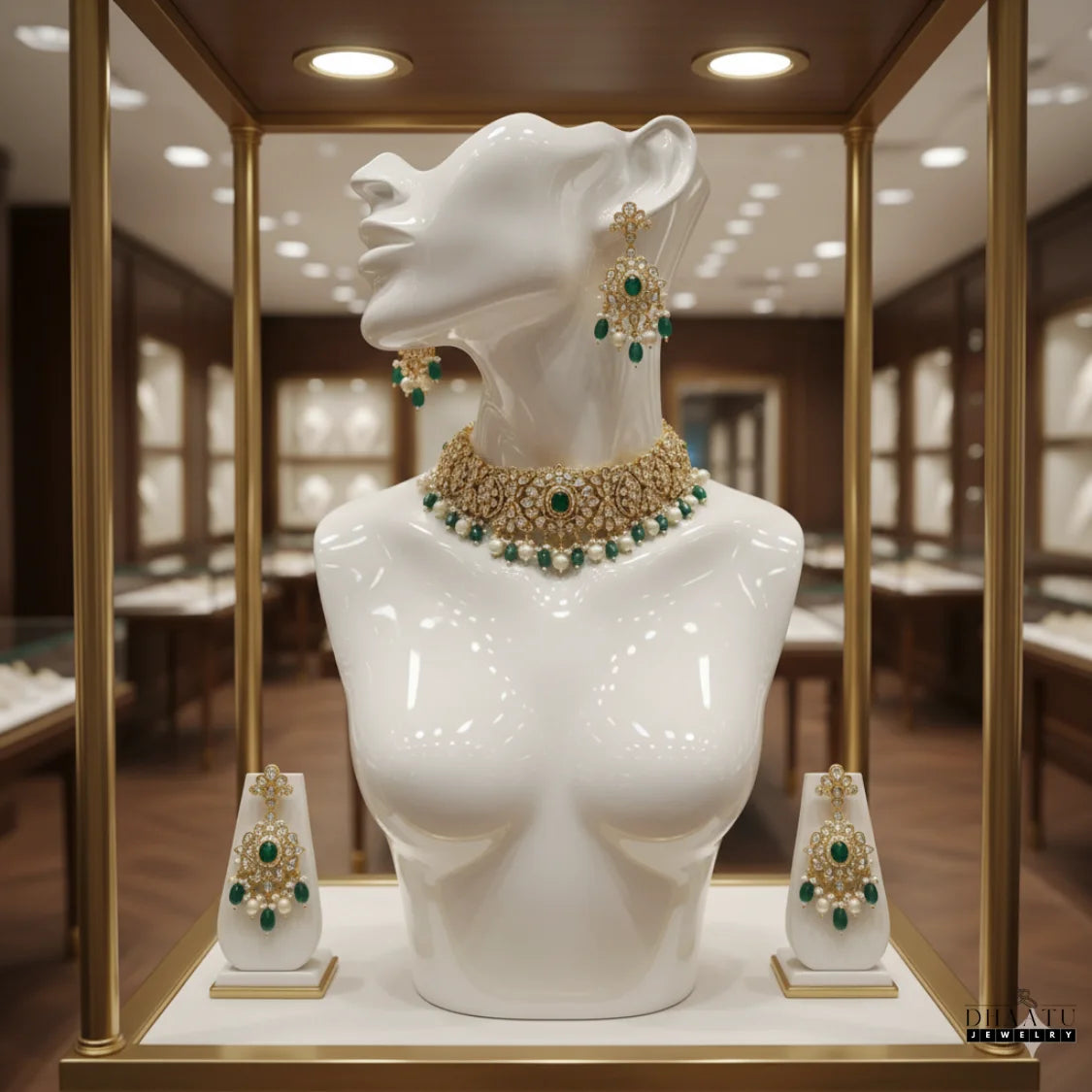 Premium Polki Style Kundan Emerald Pearl Choker Necklace & Earring Set