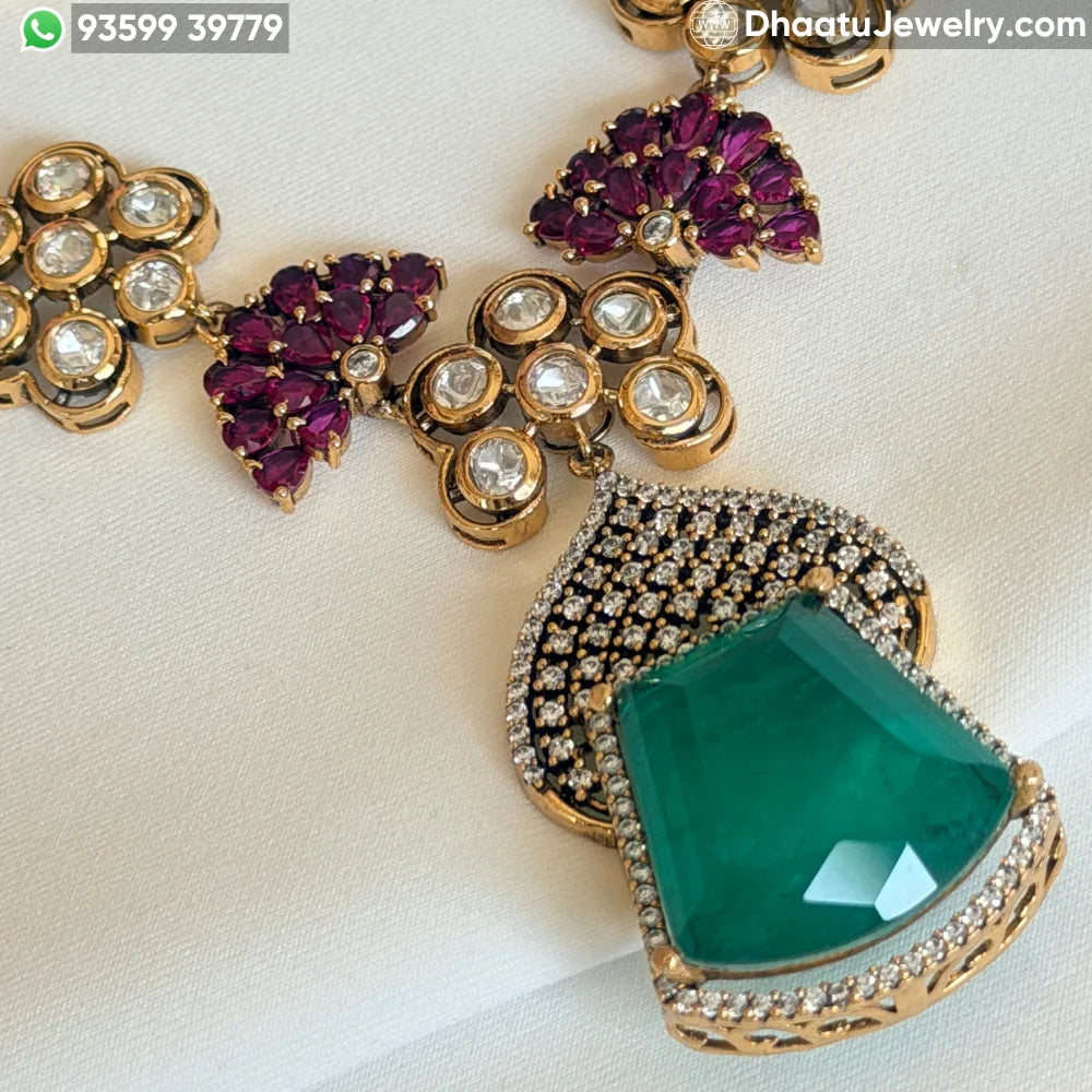 Handcrafted Gold-Plated Emerald Green Stone Collar Set with Real Polki & Moissanite Accents – Ruby Pink Meenakari Detail Earrings and Necklace
