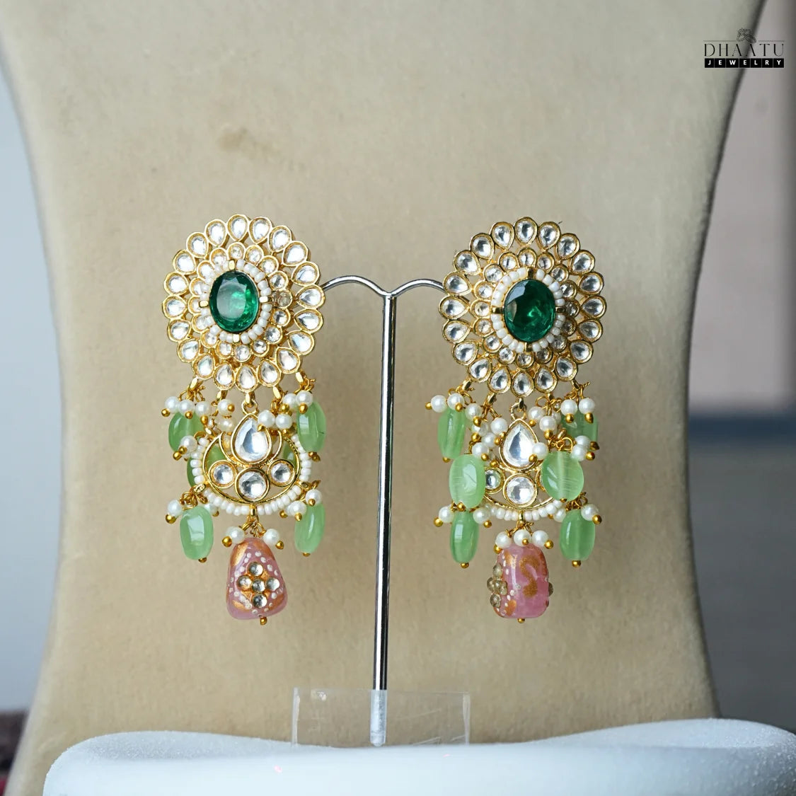 Regal Polki Style Green & Pink Beaded Choker Necklace and Earring Set | Indian Wedding Jewelry