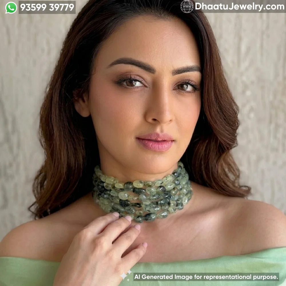 6-Layer Green Prehnite Natural Stone Beaded Statement Choker Necklace - 4.5cm Wide Handcrafted Adjustable Jewelry