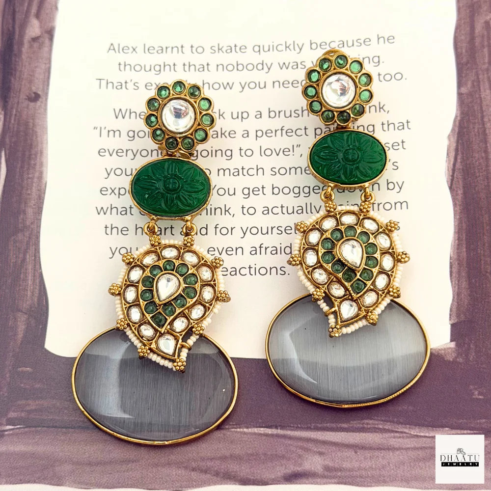 Kundan & Carved Green Stone Drop Earrings with Cat Eye Cabochon (Available in Grey & Yellow)