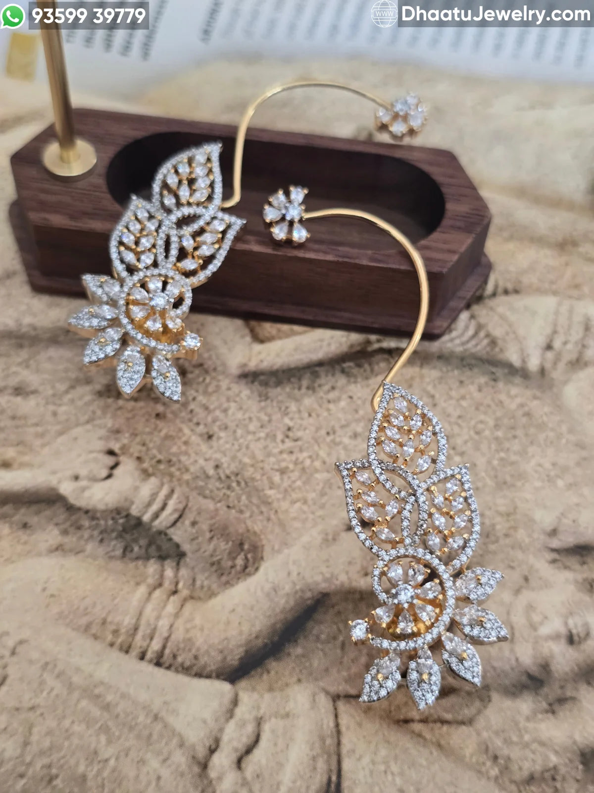 Gold Plated Premium Floral Leaf CZ Ear Cuff Earrings - Intricate American Diamond Wrap-Around Statement Jewelry for Weddings and Festive Wear