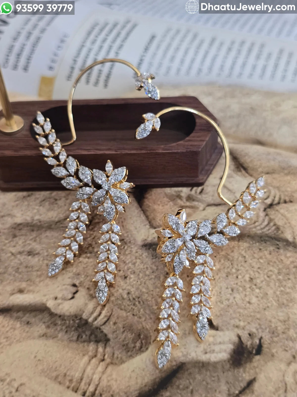 Premium Gold Plated Marquise CZ Floral Ear Cuff Earrings - Full Ear Wrap Jewelry with Dangling Leaf Drops