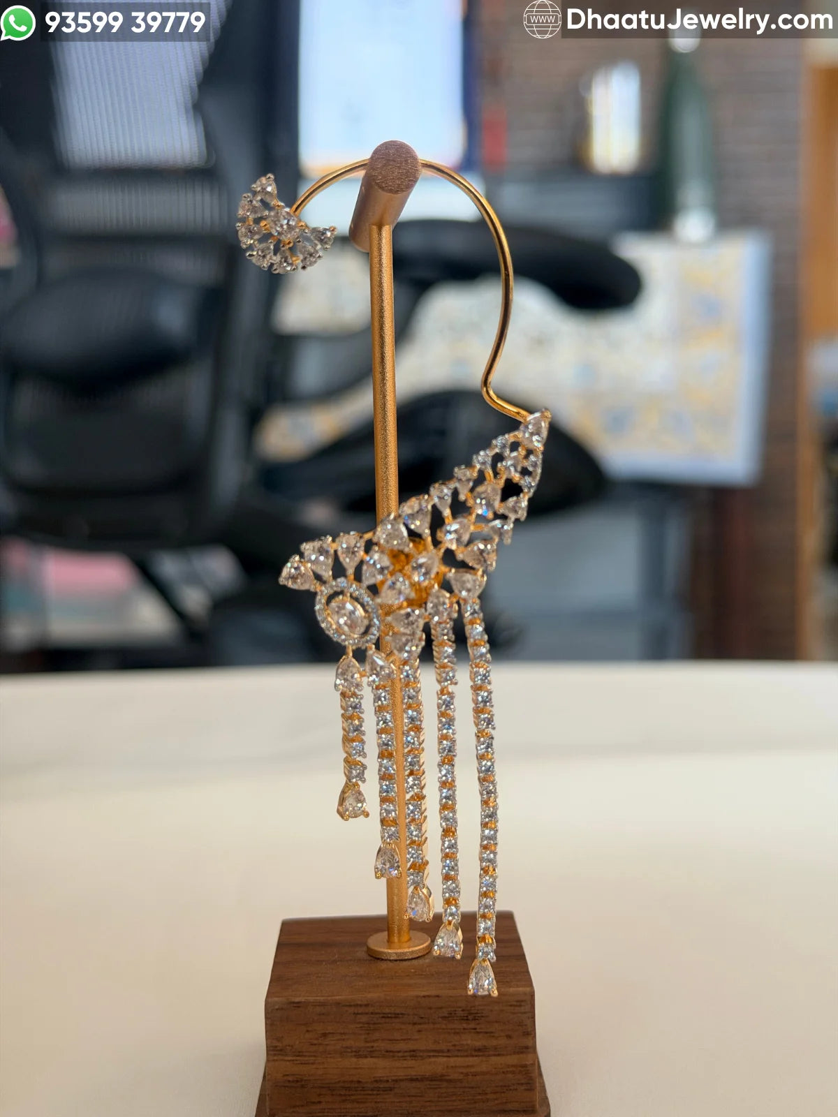 Premium Gold-Plated Floral Ear Cuff Earrings with Crystal Tassel Fringe – AAA+ Cubic Zirconia Statement Wrap Earrings for Weddings & Red Carpet Events