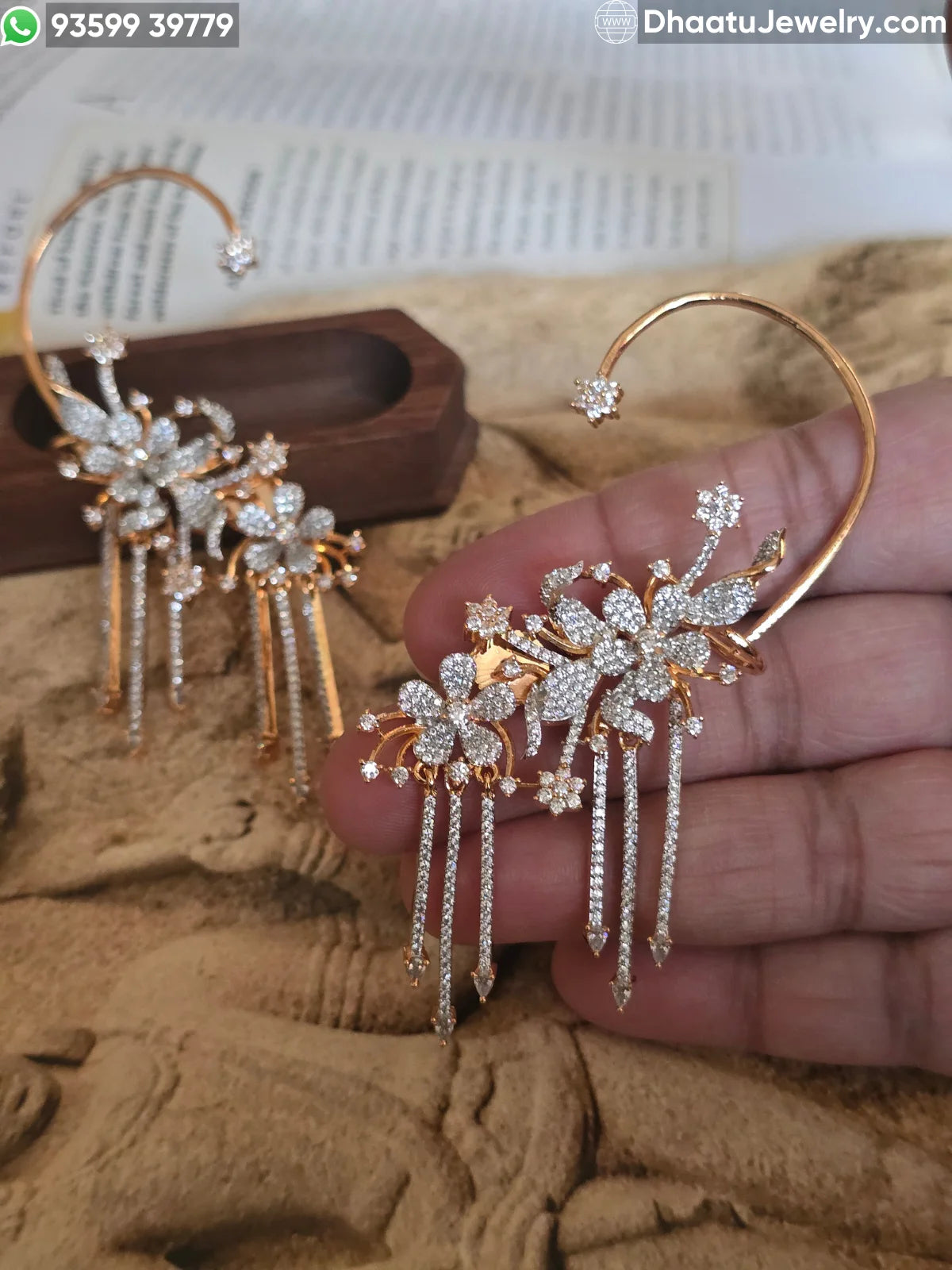 Gold Plated Floral Ear Cuff Earrings - Premium Zircon Studded Flower and Leaf Crawler with Hanging Stone Tassels