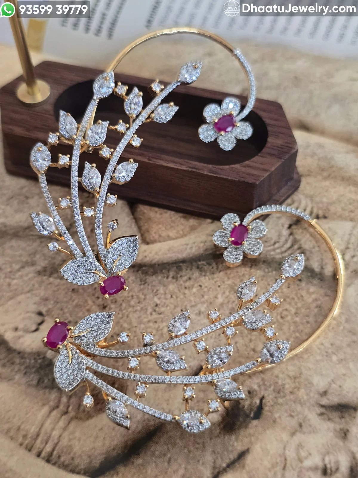 Premium Gold Plated Floral Vine Ear Cuff Earrings – Ruby & White Stone Full Ear Wrap Climbers