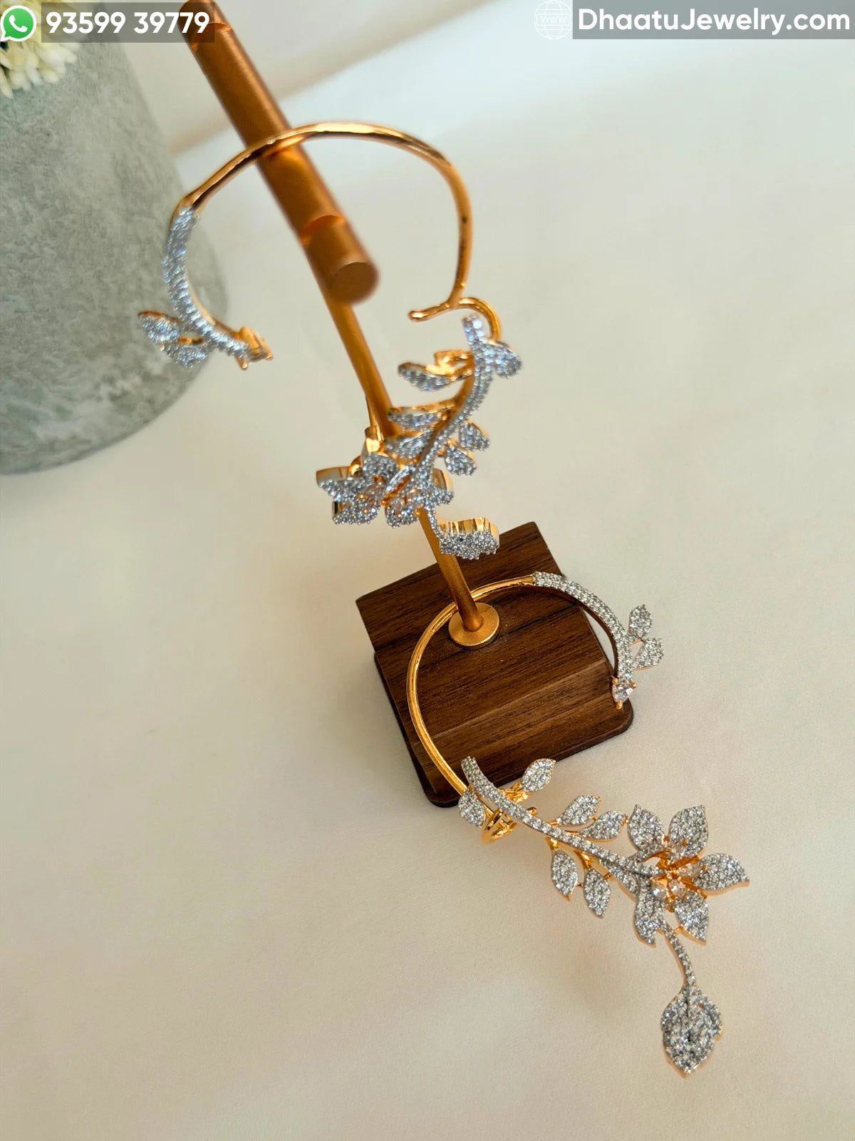 Premium Gold Plated Floral Vine Ear Cuff Earrings - CZ Stone Studded Full Ear Wrap Crawler with Cartilage Support Clasp