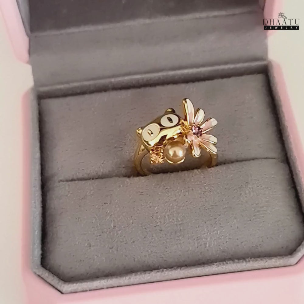 Load video: Playful Owl &amp; Flower Ring in Gold and Silver Tones