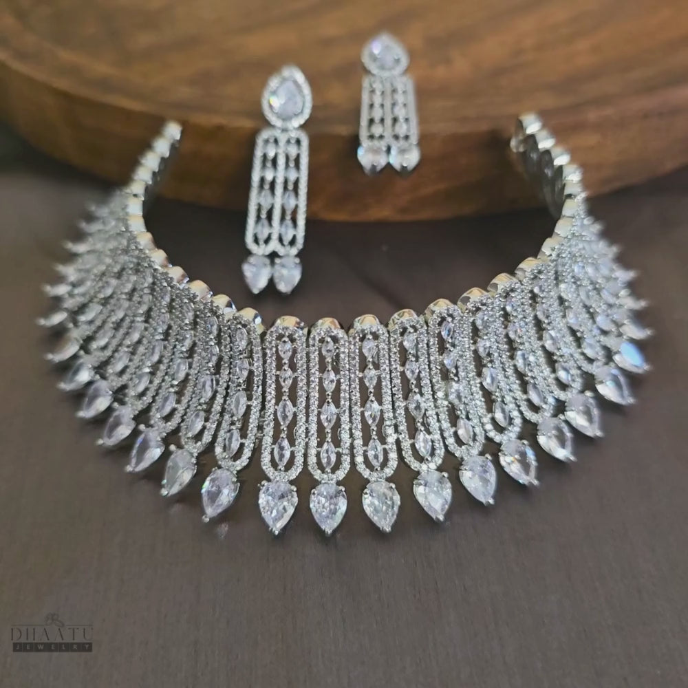 Load video: Elegant Silver-Tone CZ Choker Set
