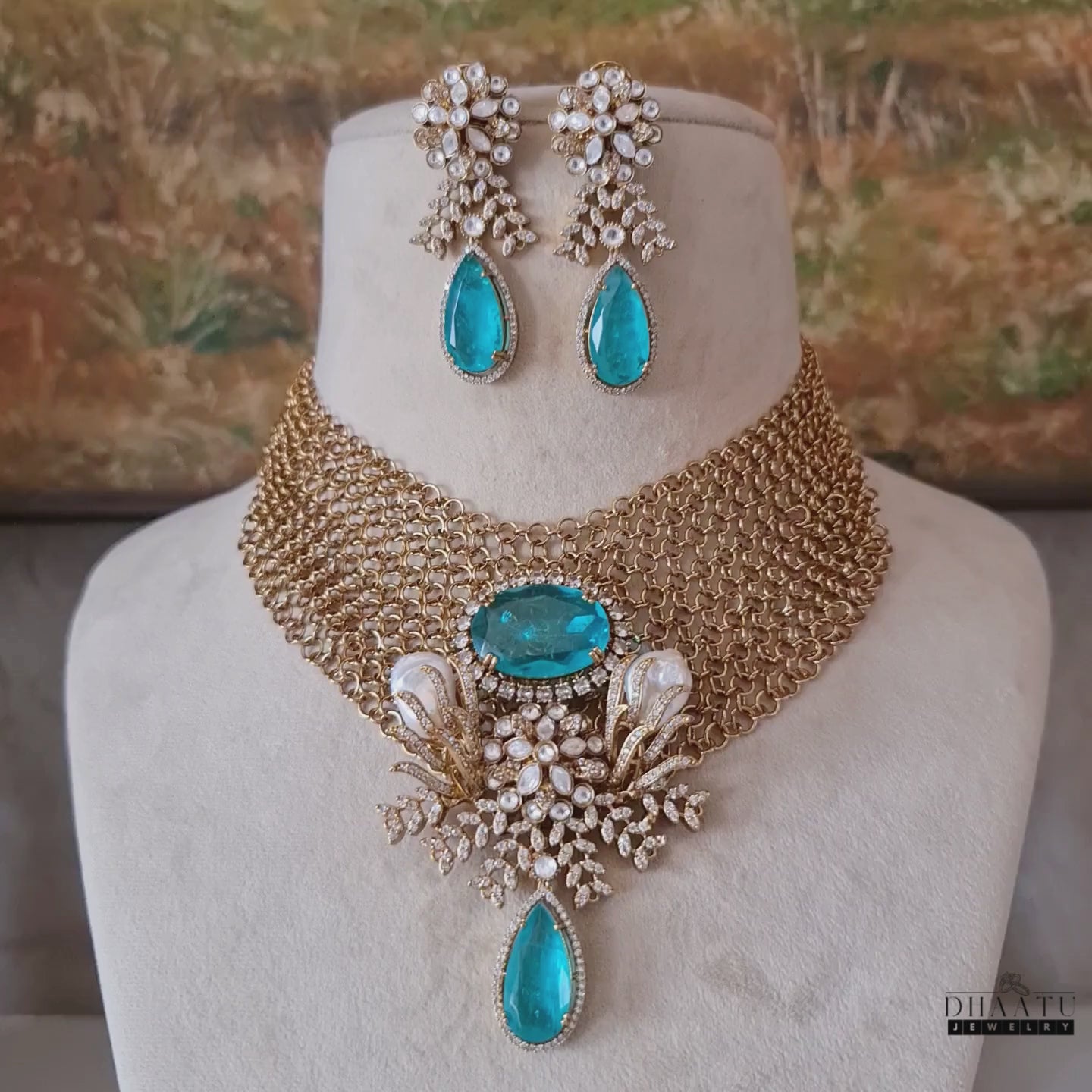 Load video: Exquisite Bridal Choker Necklace Set with Kundan &amp; Baroque Pearls &amp; Dangler Earrings | Black or Gold finish | 6 Variants