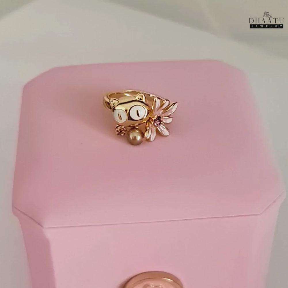 Load video: Playful Owl &amp; Flower Ring in Gold and Silver Tones