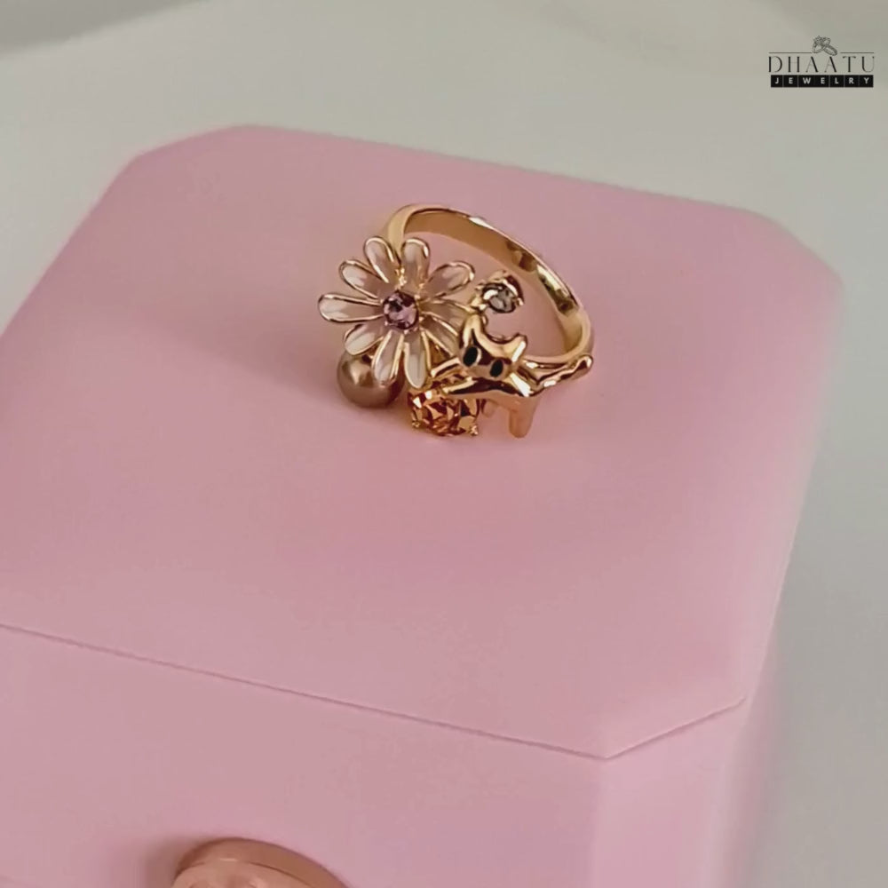 Load video: Playful Cat &amp; Floral Motif Adjustable Ring