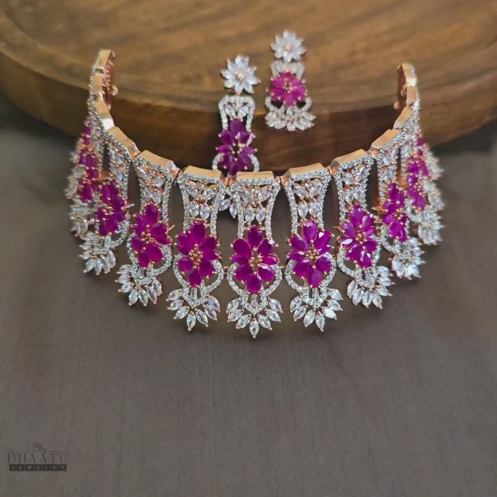 Load video: Elegant Rose Gold Pink Stone Choker Set