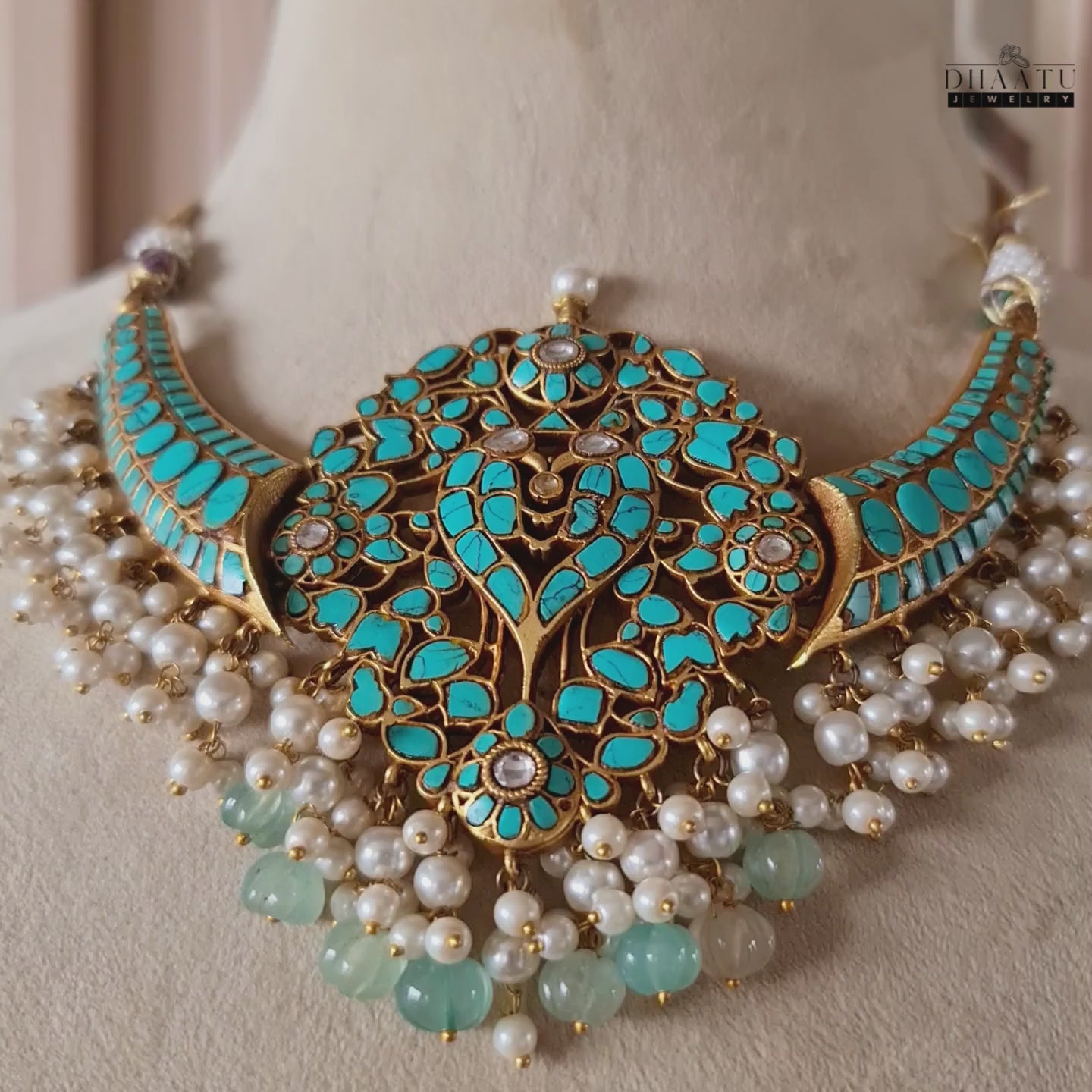 Load video: Regal Turquoise &amp; Pearl Bridal Firoza Choker Necklace Set | Indian Royal Bridal Jewelry | Meenakari Wedding Necklace &amp; Earrings