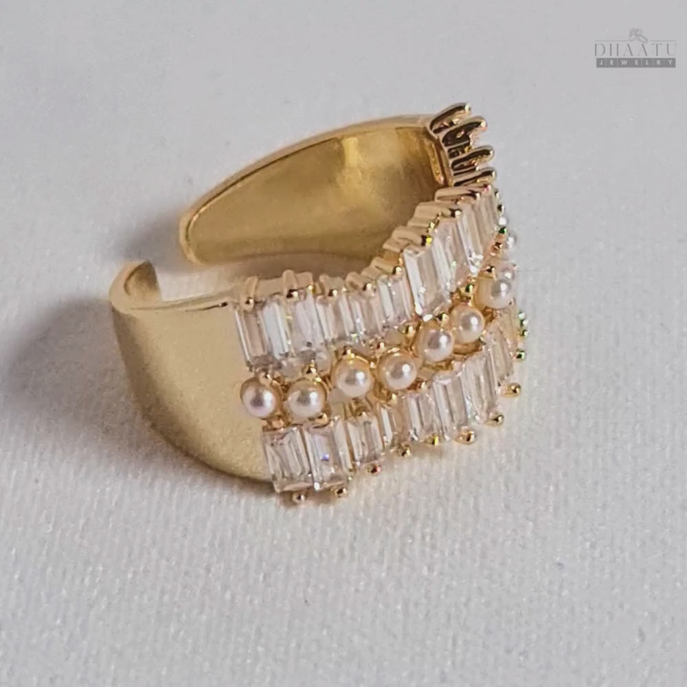 Load video: Baguette Crystal &amp; Pearl Statement Ring