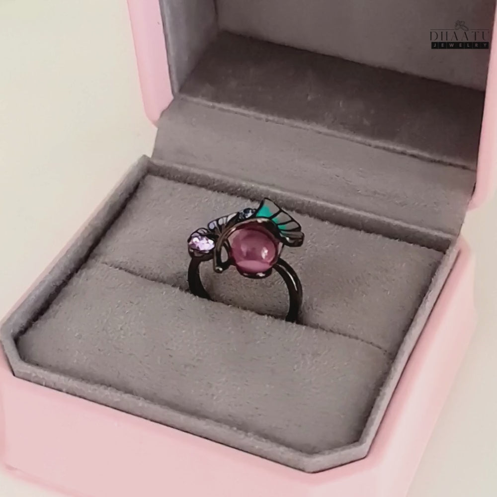 Load video: Enamel Ginkgo Leaf Ring with Crystal Accents and Pink Quartz Orb