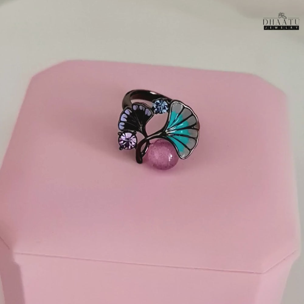 Load video: Enamel Ginkgo Leaf Ring with Crystal Accents and Pink Quartz Orb