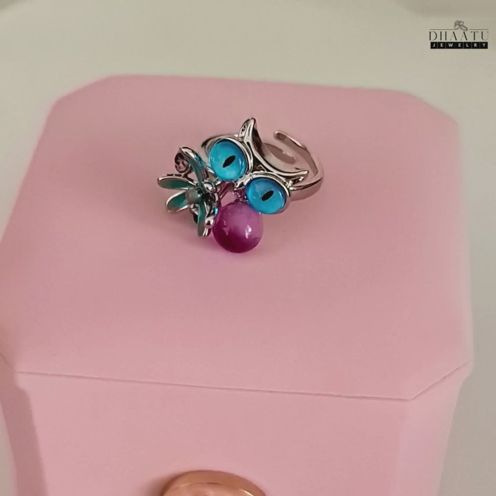 Load video: Playful Owl &amp; Flower Ring in Gold and Silver Tones