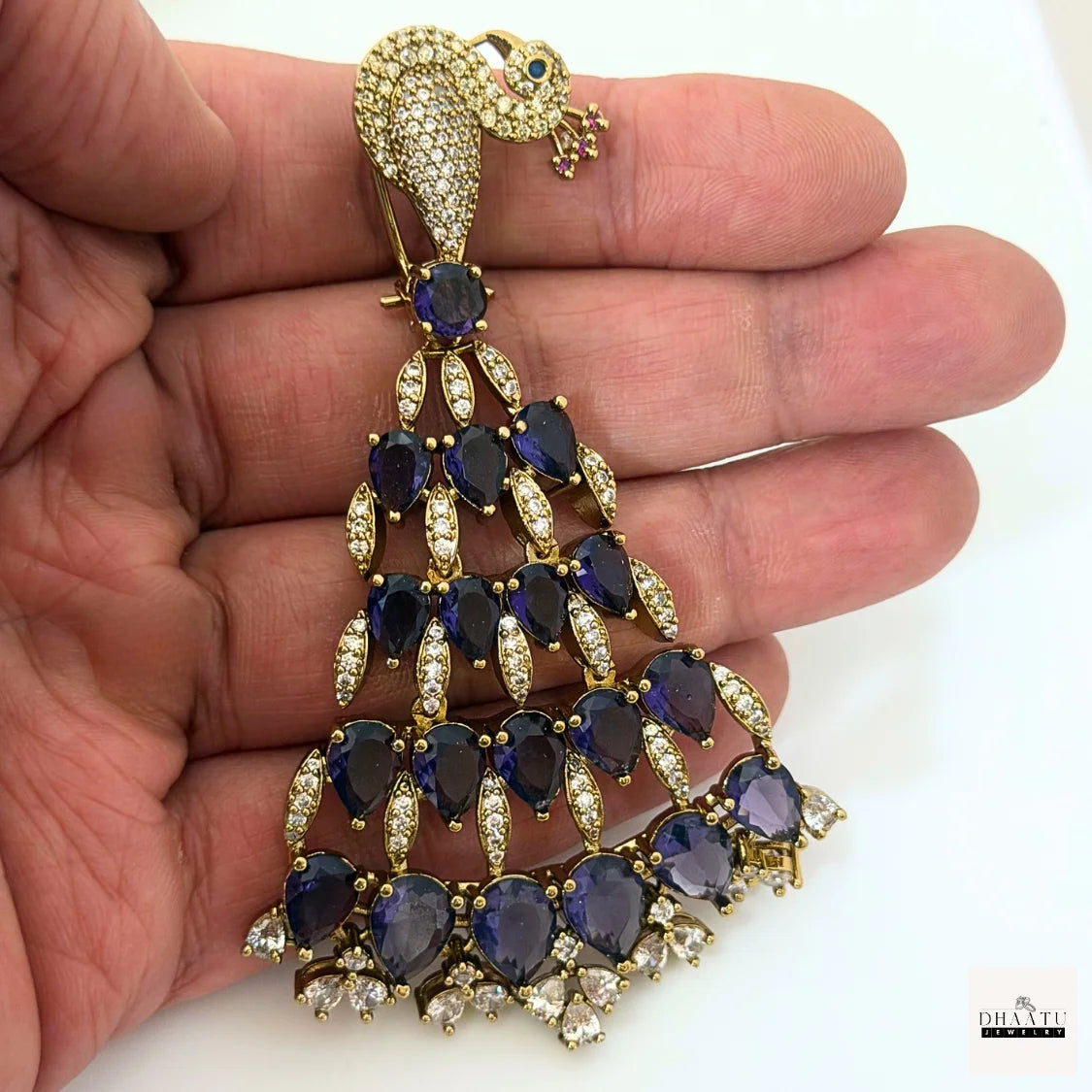 Regal Peacock Motif Zircon Chandelier Earrings - Antique Gold | Cubic Zirconia Statement Jewelry