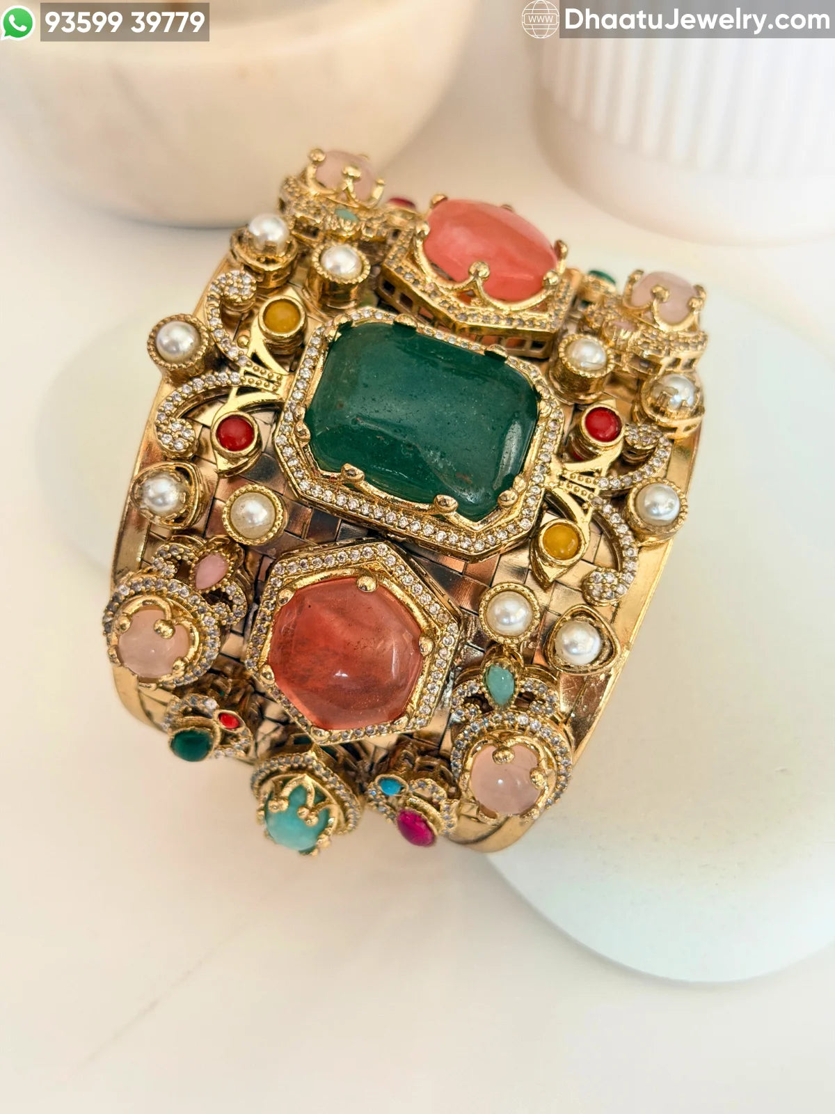 Sabyasachi-Inspired Wide Gold-Plated Brass Cuff Bracelet with Multicolor Doublet Stones & Pearls