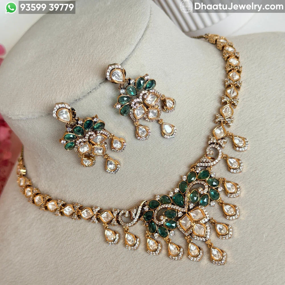 Emerald Green Moissanite & Real Polki Kundan Necklace Set with Drop Earrings in Gold-Plated Brass