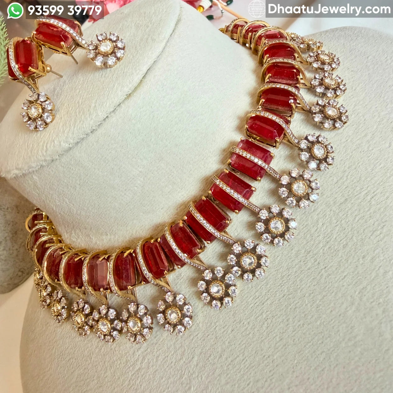 Handcrafted Kundan & Moissanite Choker Necklace Set with Emerald & Ruby Monalisa Stones