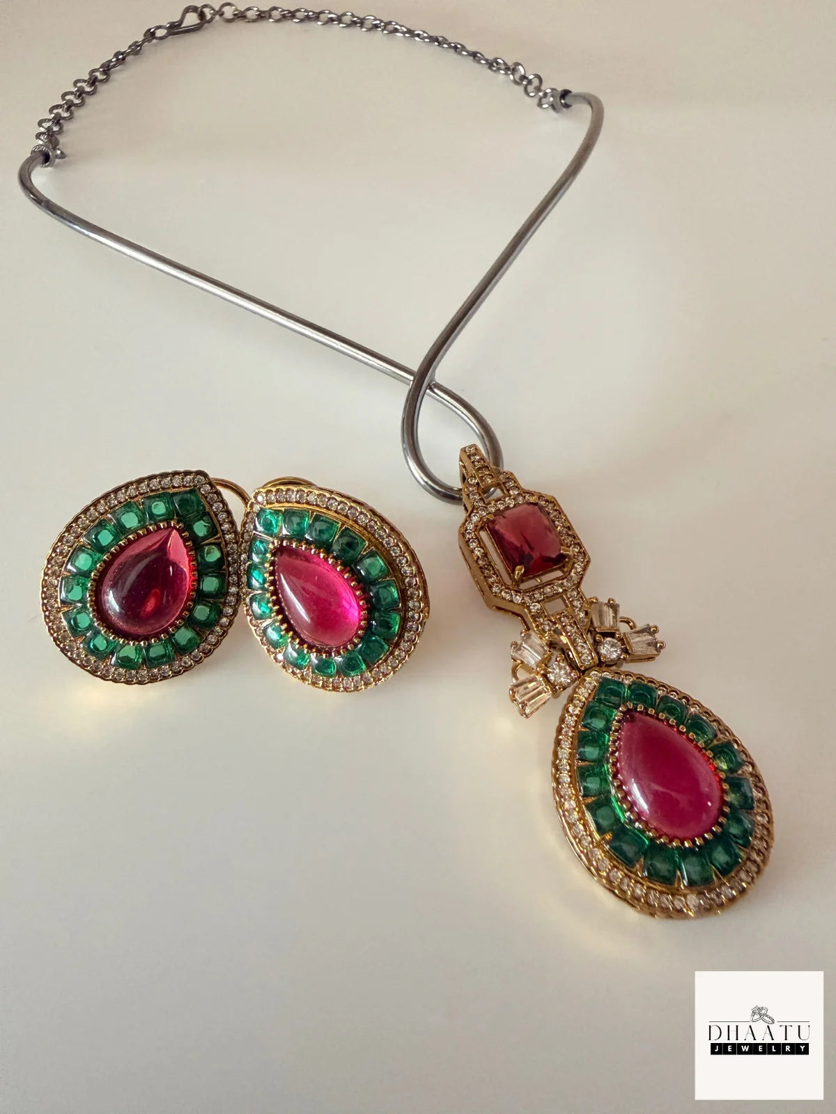 Pear-Cut Gemstone Fusion Jewelry Set – Gold-Plated Teardrop Necklace & Studs with Baguette Halo