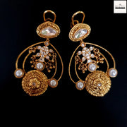 Regal Gold-Plated Statement Earrings with Pearl Drops and Polki/Kundan Stones
