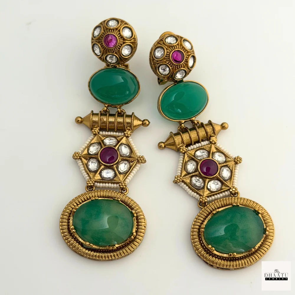 Regal Antique Gold-Plated Kundan Drop Earrings with Green & Orange Cabochon Stones | Statement Ethnic Style