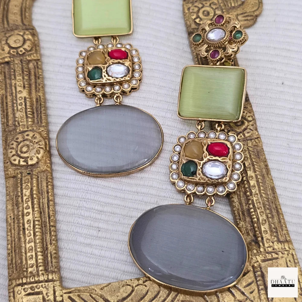 Regal Green & Grey Cat's Eye Drop Earrings with Multi-Stone Embellishment