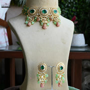 Regal Polki Style Green & Pink Beaded Choker Necklace and Earring Set | Indian Wedding Jewelry