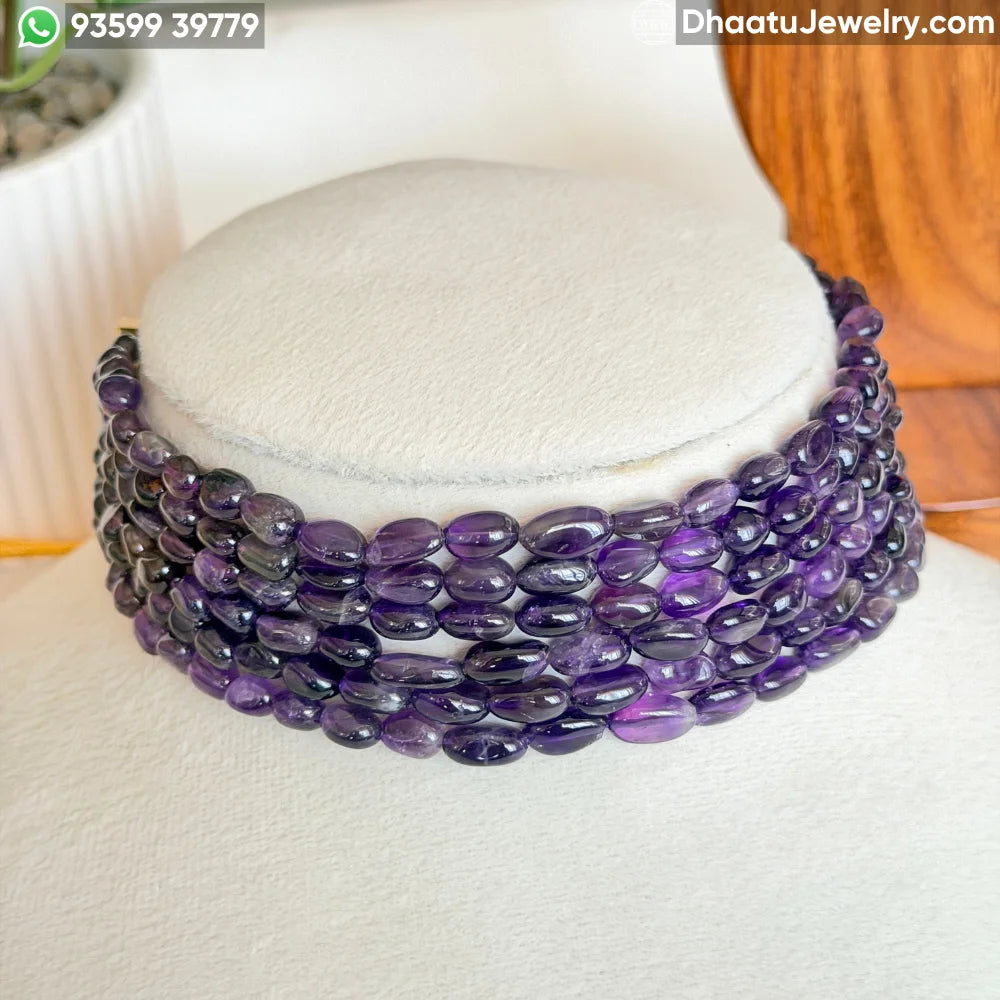 Elegant 6-Layer Natural Amethyst Bead Choker Necklace – 23cm Purple Gemstone Statement Jewelry