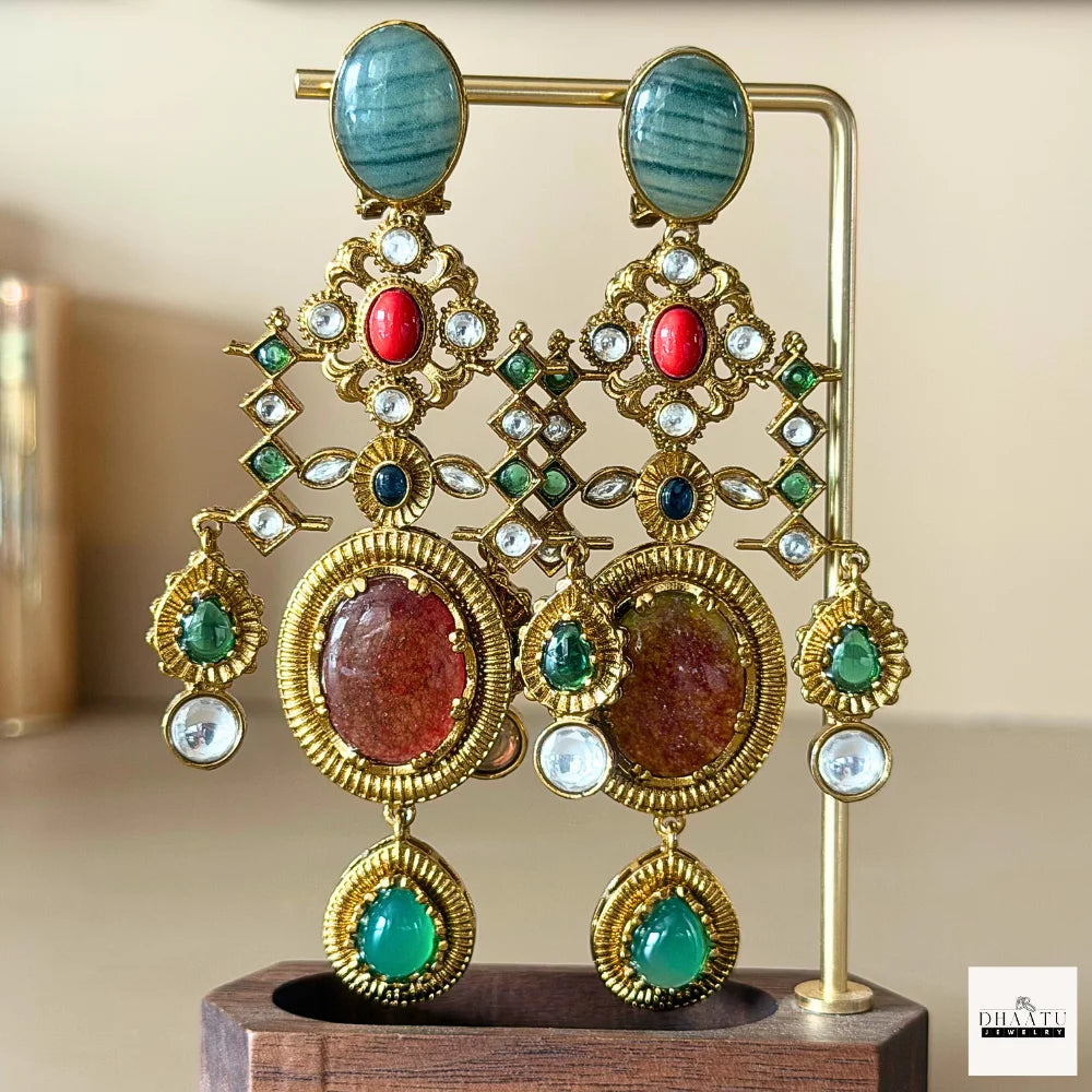 Statement Kundan Polki Chandelier Earrings with Multi-Color Stone Drops | Traditional Indian Jhumka Style