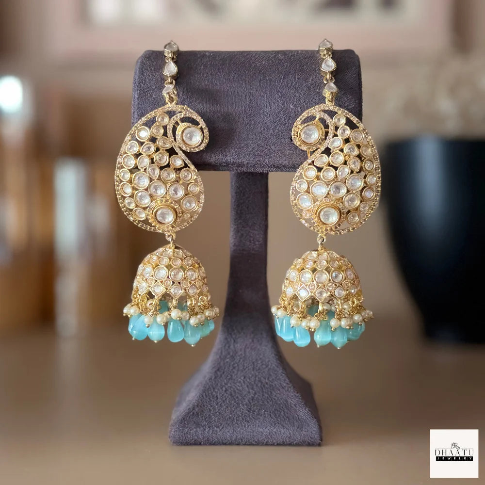 Regal Polki Kundan Jhumka Earrings with Sky Blue Drops and Kaan Chain