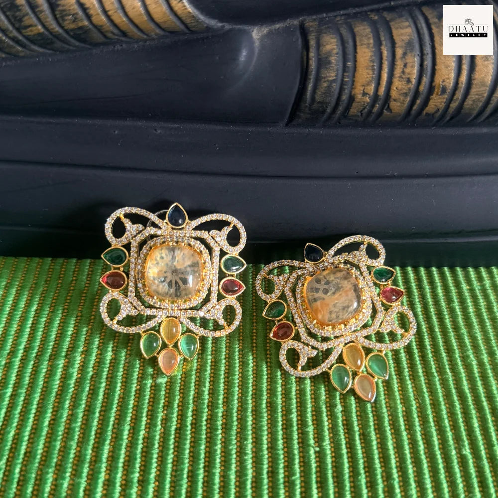 Semi-Precious Stone Studs with CZ Pavé Border (5 Variants)