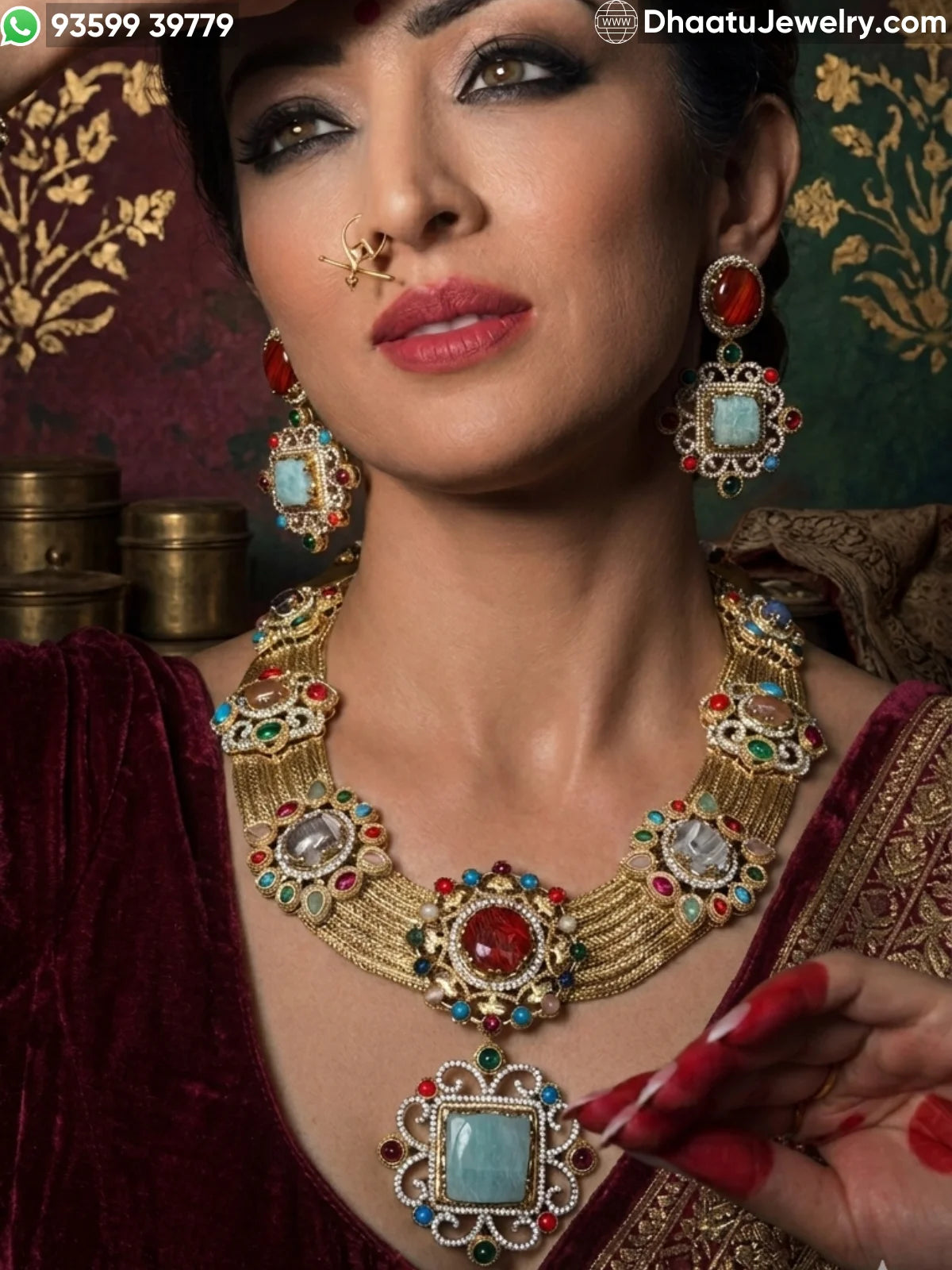 Rivaayat Antique Brass Victorian Wide Choker Necklace Set with Multi-Color Doublet Stones