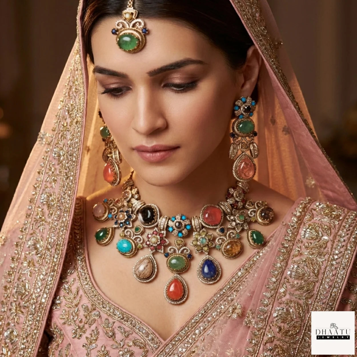 Antique Brass Choker Set with Multi-Color Doublet Stones – Includes Earrings & Maang Tika