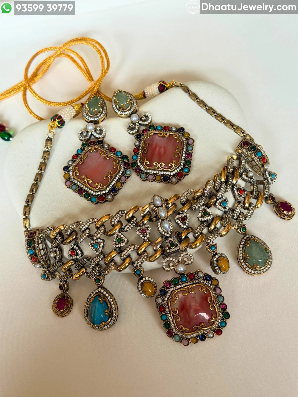 Rivaayat Antique Victorian Choker Necklace and Earrings Set – Multi-Color Doublet Stone Statement Jewelry