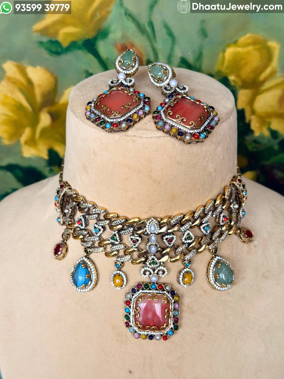 Rivaayat Antique Victorian Choker Necklace and Earrings Set – Multi-Color Doublet Stone Statement Jewelry