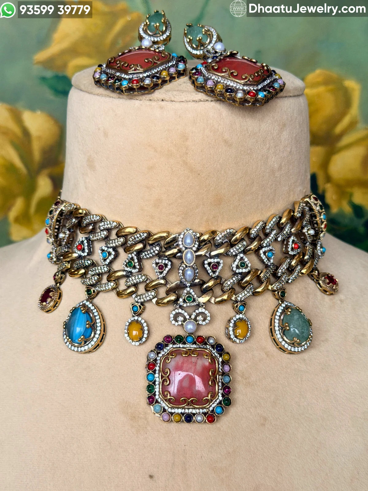 Rivaayat Antique Victorian Choker Necklace and Earrings Set – Multi-Color Doublet Stone Statement Jewelry