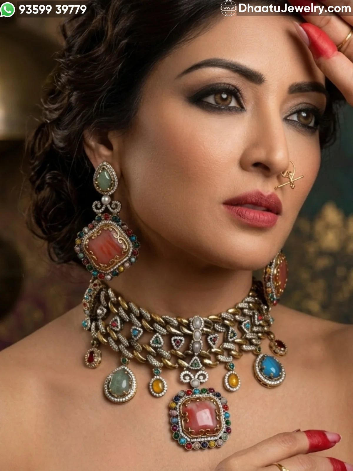 Rivaayat Antique Victorian Choker Necklace and Earrings Set – Multi-Color Doublet Stone Statement Jewelry